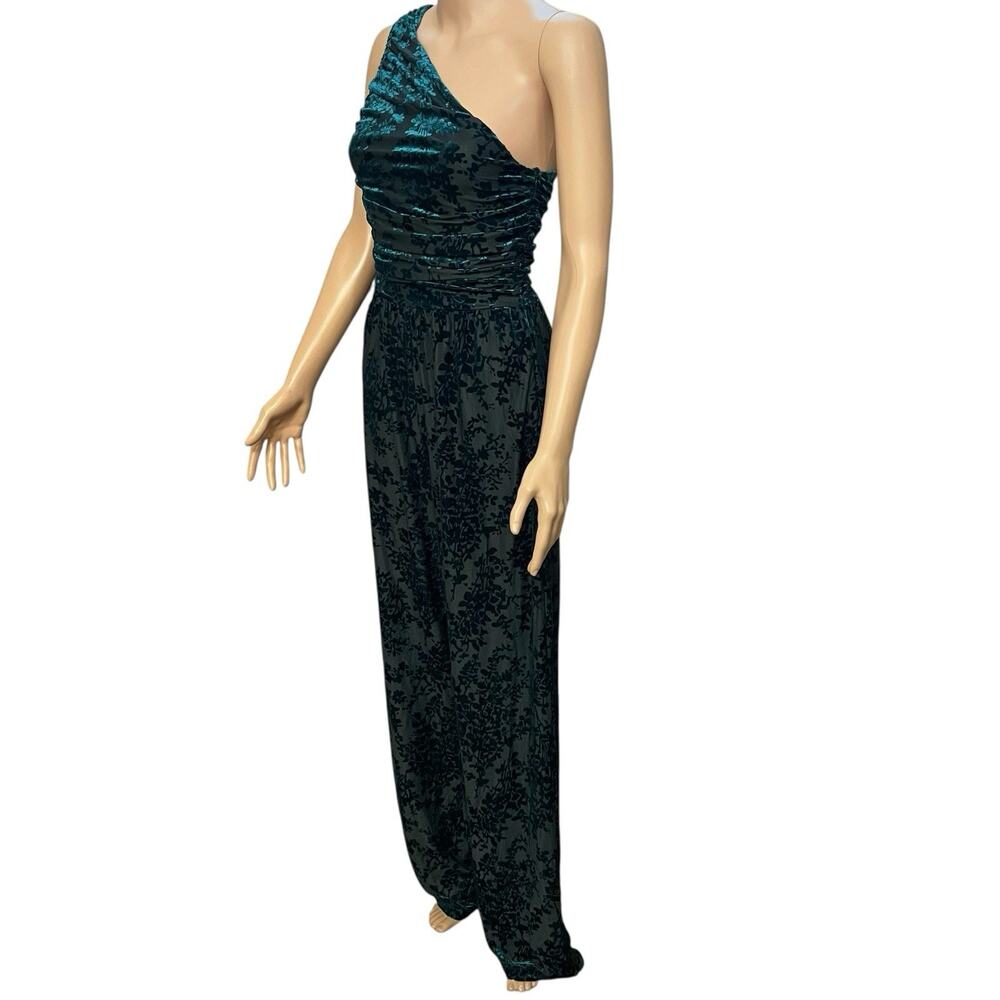 Lulus Elegant Forever Velvet Burnout Jumpsuit Small Wide Leg One Shoulder Teal - Picture 3 of 11